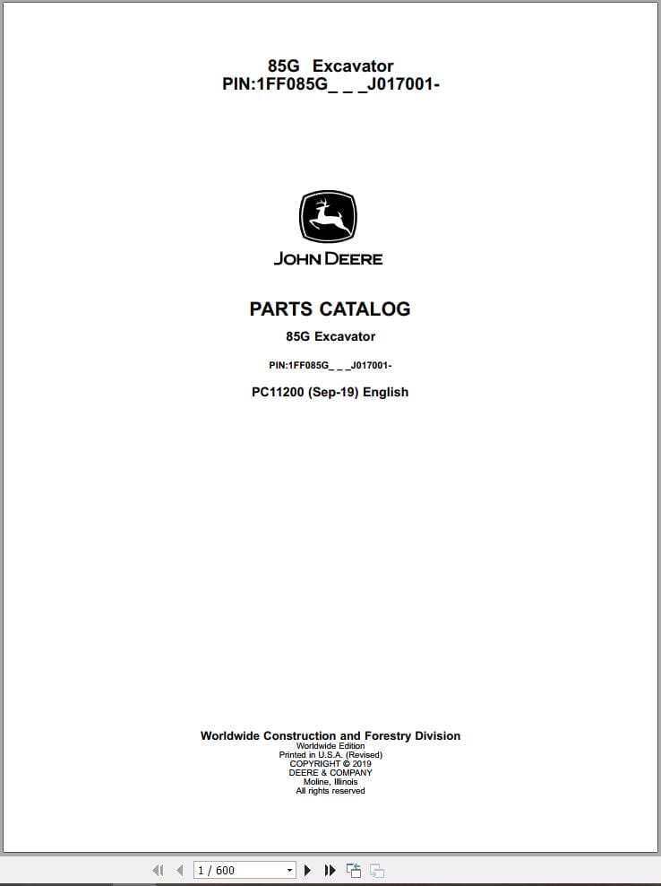 John Deere Excavator 85G Parts Catalog PC11200 (1)