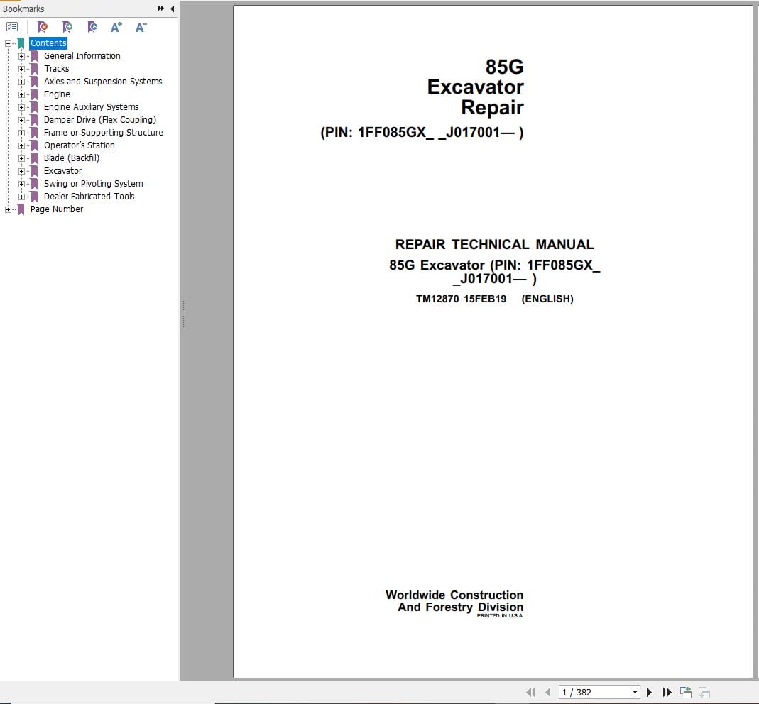 John Deere Excavator 85G Repair Technical Manual TM12870 (1)