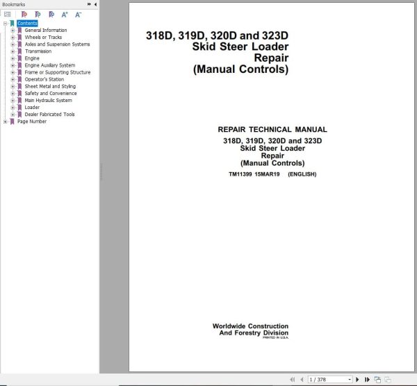John Deere Loader 318D 319D 320D 323D Repair Technical Manual TM11399 2019 (1)