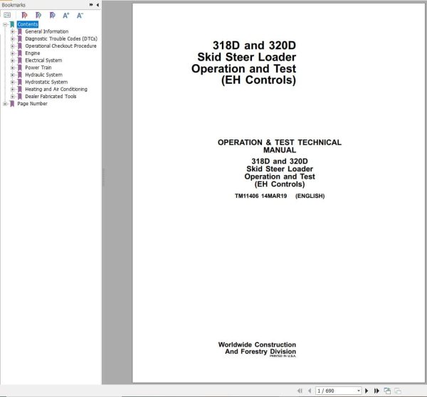 John Deere Loader 318D 320D Operation &Amp; Test Technical Manual Tm11406 (1)