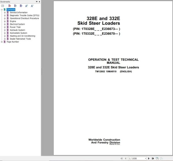 John Deere Loader 328E 332E Operation & Test Technical Manual TM12802 (1)