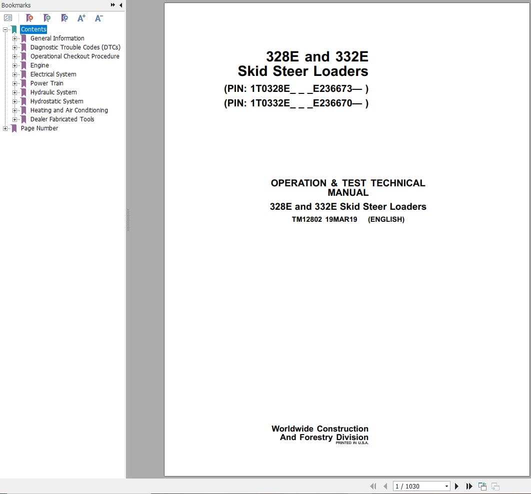 John Deere Loader 328E 332E Operation & Test Technical Manual TM12802 (1)