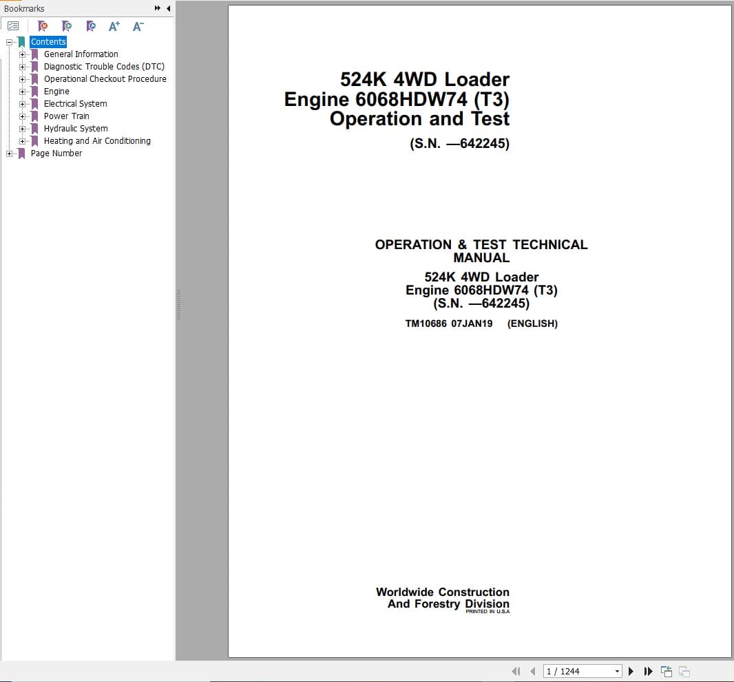 John Deere Loader 524K 4WD Operation & Test Technical Manual TM10686 2019 (1)