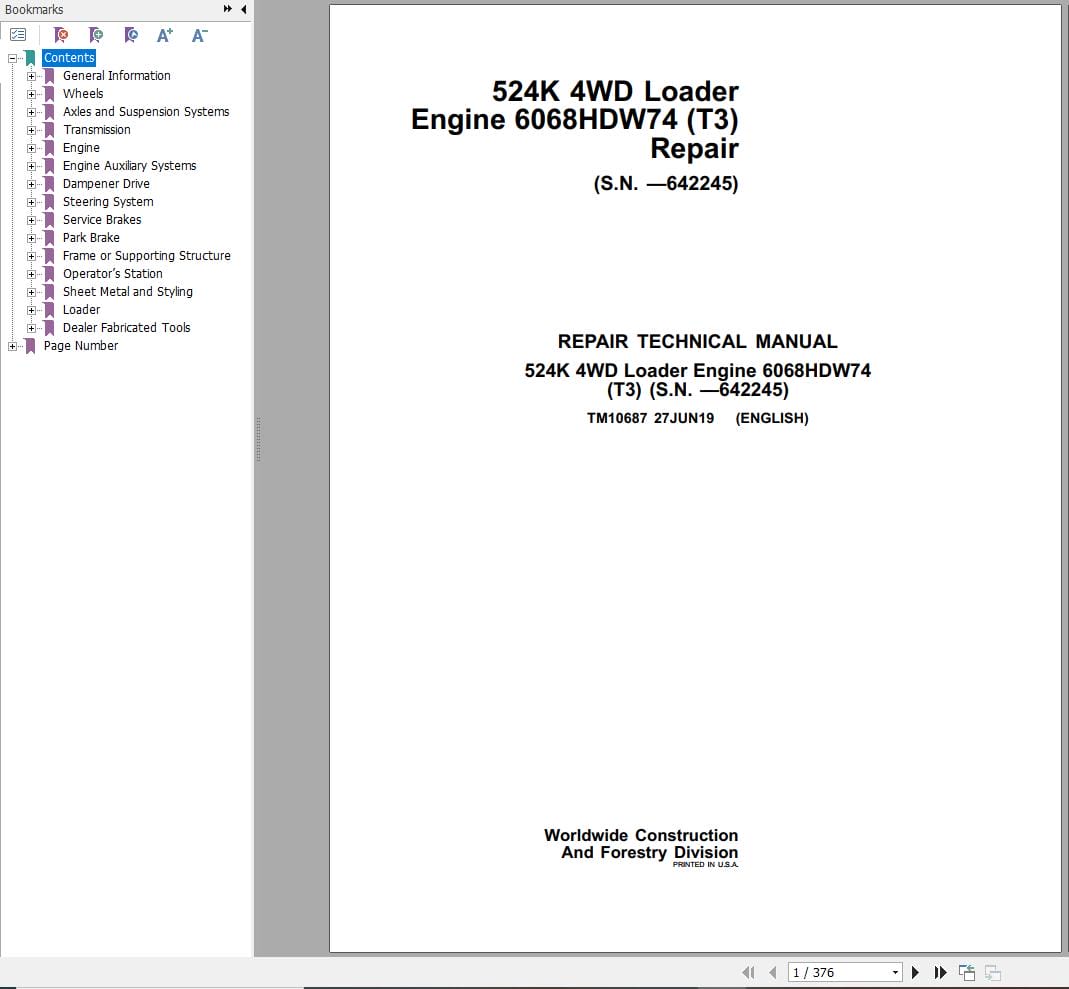 John Deere Loader 524K 4WD Repair Technical Manual TM10687 2019 (1)