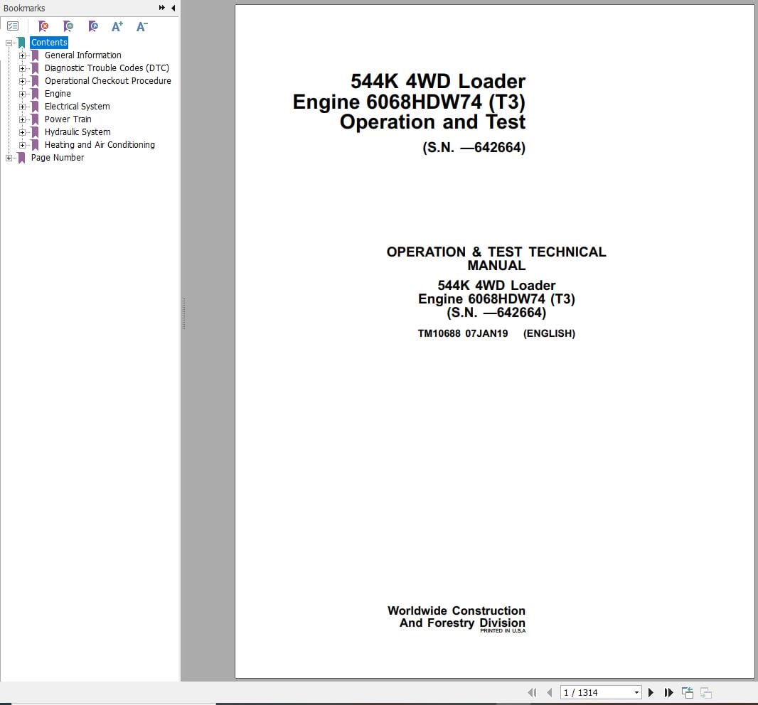 John Deere Loader 544K 4WD Operation & Test Technical Manual TM10688 (1)
