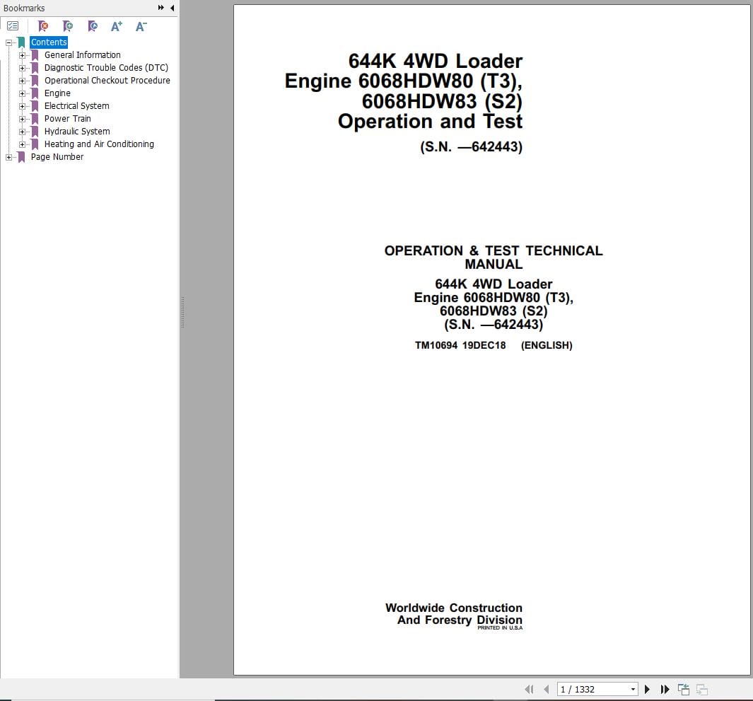 John Deere Loader 644K 4WD Operation & Test Technical Manual TM10694 (1)