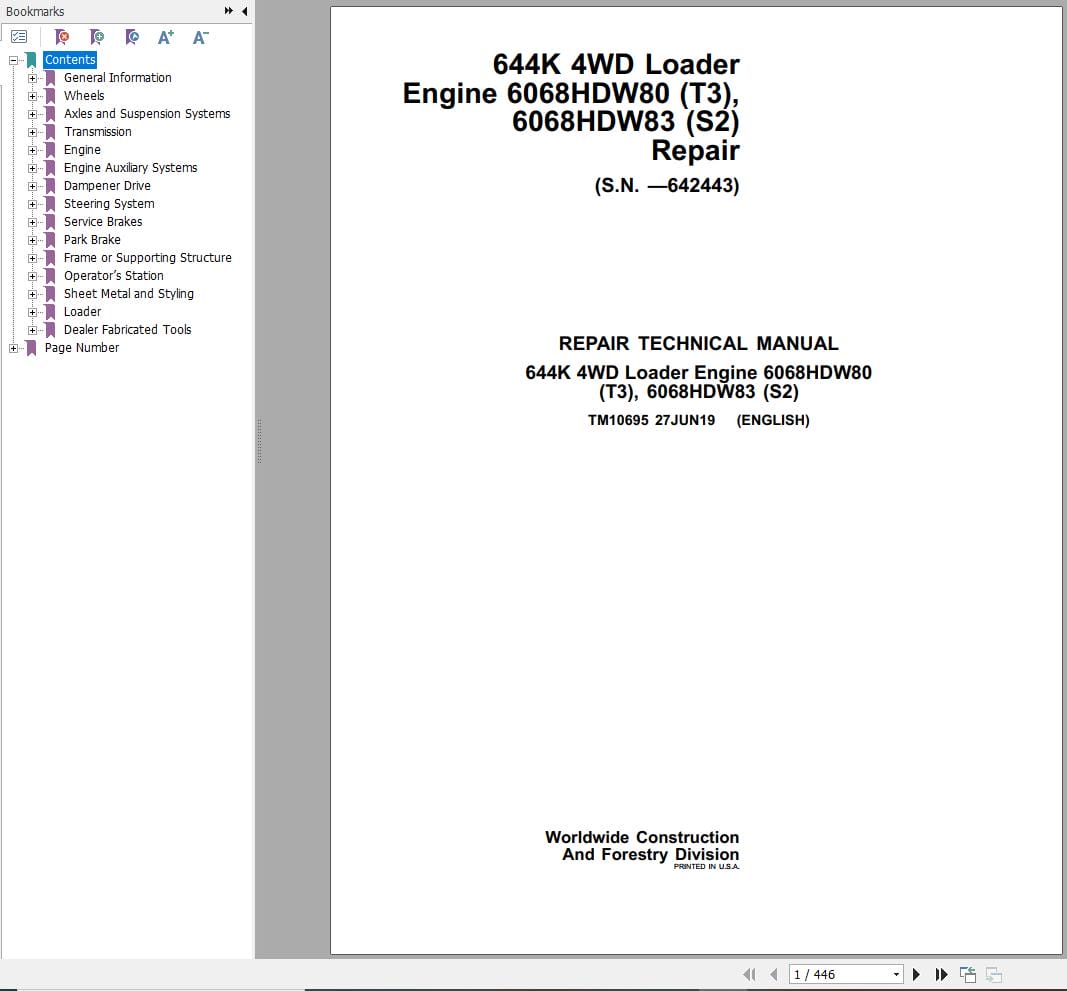 John Deere Loader 644K 4WD Repair Technical Manual TM10695 2019 (1)