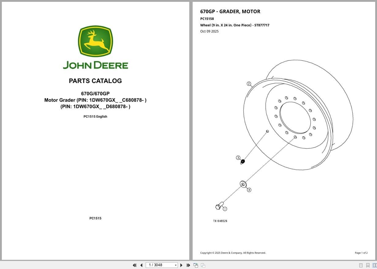 John Deere Motor Grader 670G 670GP Parts Catalog PC15158 2025 (1)
