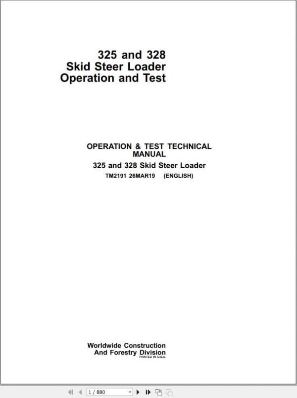 John Deere Skid Steer Loader 325 328 Operation &Amp; Test Technical Manual Tm2191 (1)