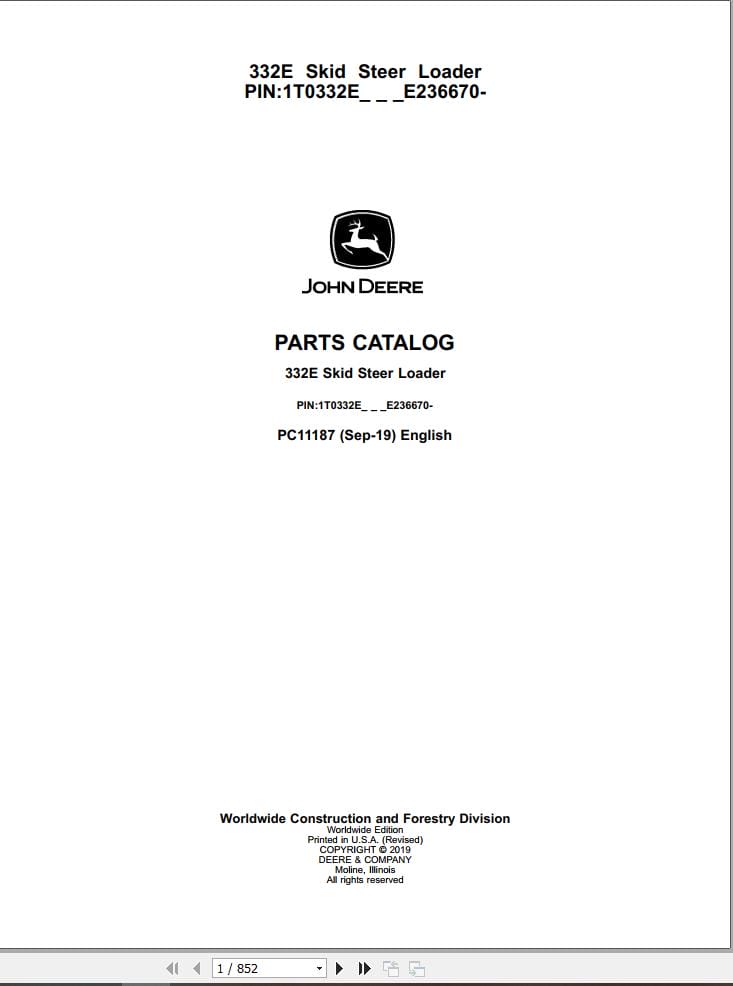 John Deere Skid Steer Loader 332E Parts Catalog PC11187 (1)