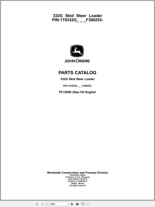 John Deere Skid Steer Loader 332G Parts Catalog Pc15046 (1)