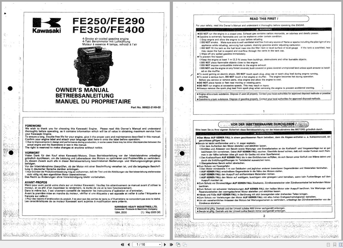 Kawasaki Engine FE250 FE290 FE350 FE400 Owners Manual 99922 2149 02 2000 EN DE FR (1)
