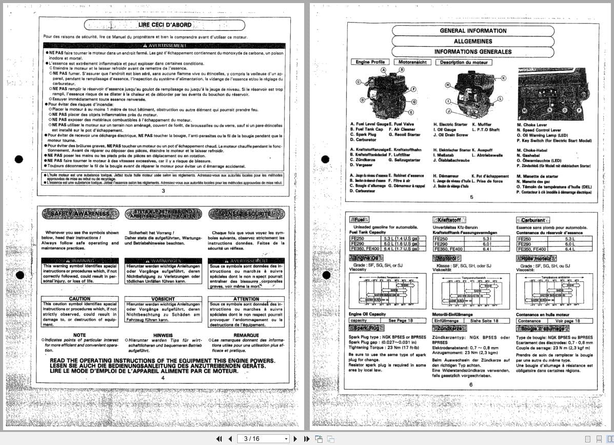 Kawasaki Engine FE250 FE290 FE350 FE400 Owners Manual 99922 2149 02 2000 EN DE FR (2)