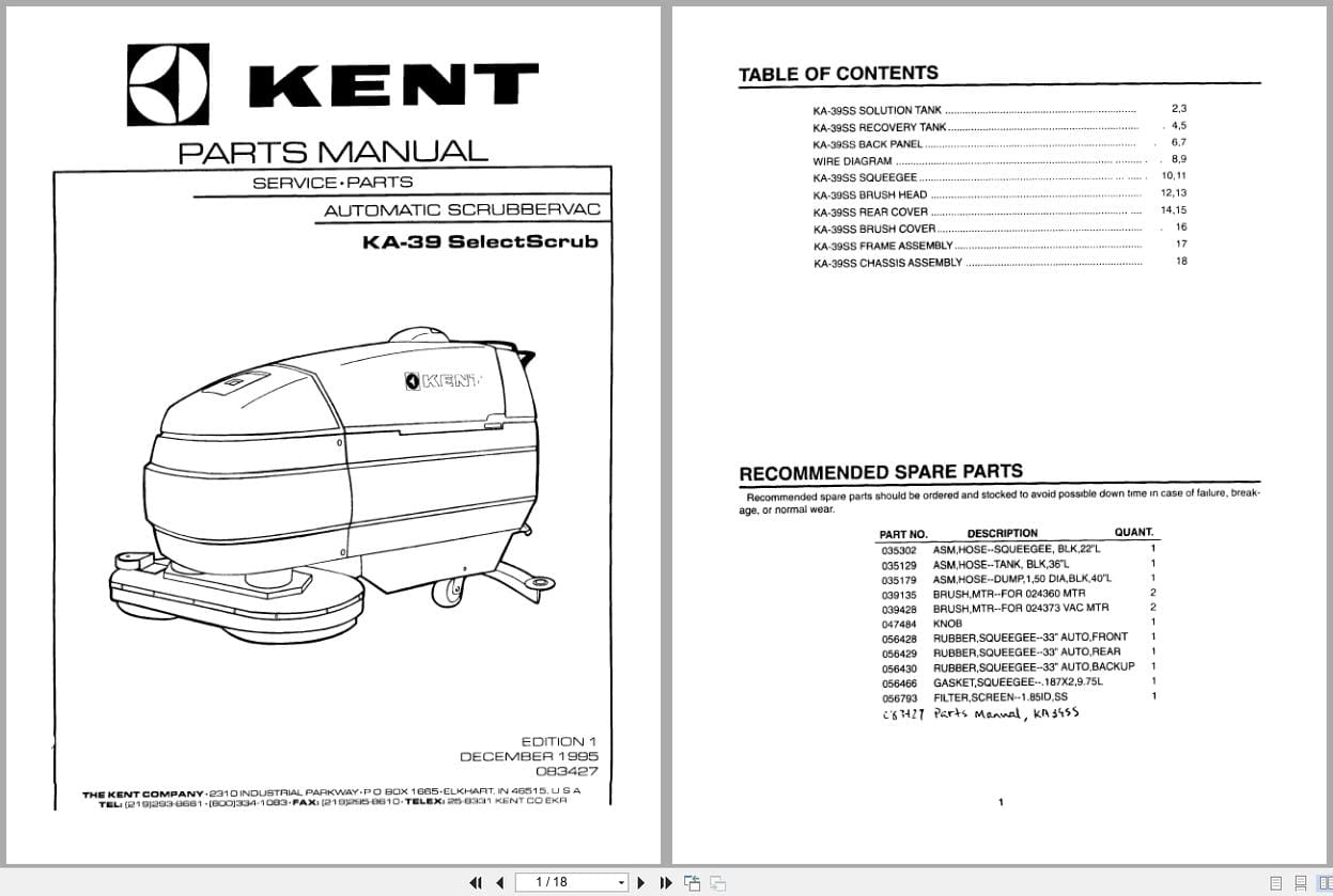 Kent Scrubber KA 39 SelectScrub Parts Manual 083427 (1)