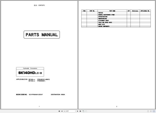 Kobelco Hydraulic Excavator SK140HDLC 8 Parts Manual S3YPB0001ZE07 (1)