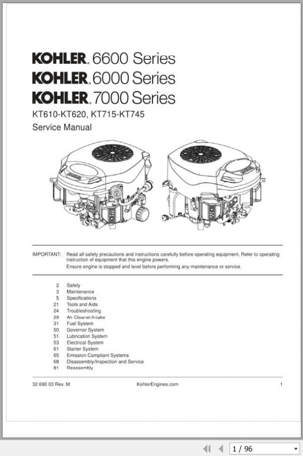 Kohler Engine KT610 KT620 KT715 KT745 Service Manual 3269003 (1)