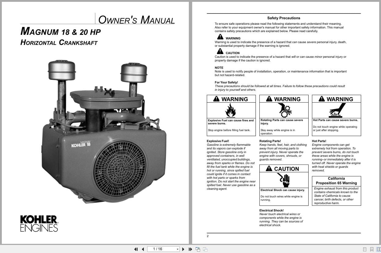 Kohler Engine Magnum 18 20 HP Horizontal Crankshaft Owners Manual 5259002 2004 (1)