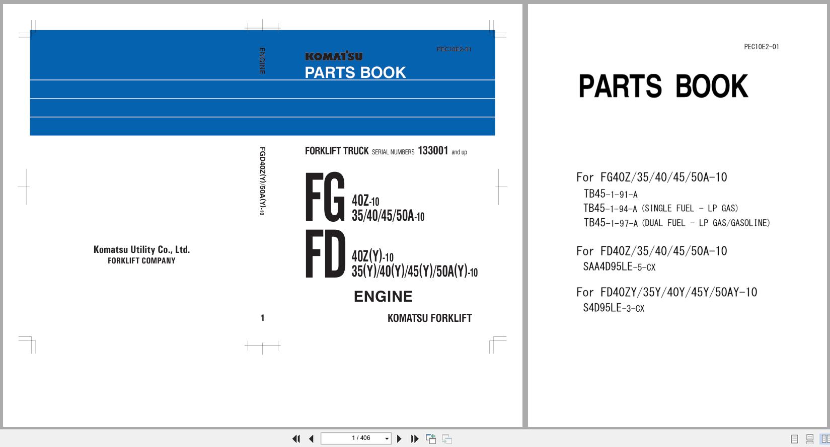 Komatsu Forklift Truck FG40Z 10 To FD50AY 10 Engine Parts Book PEC10E2 01 (1)