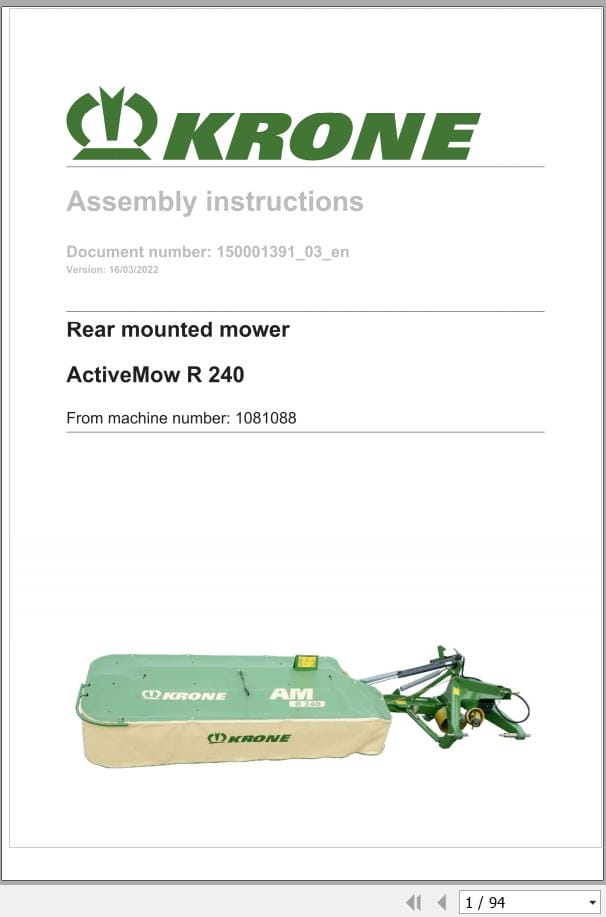 Krone Rear Mounted Mower ActiveMow R 240 Assembly Instructions 150001391 03 EN (1)