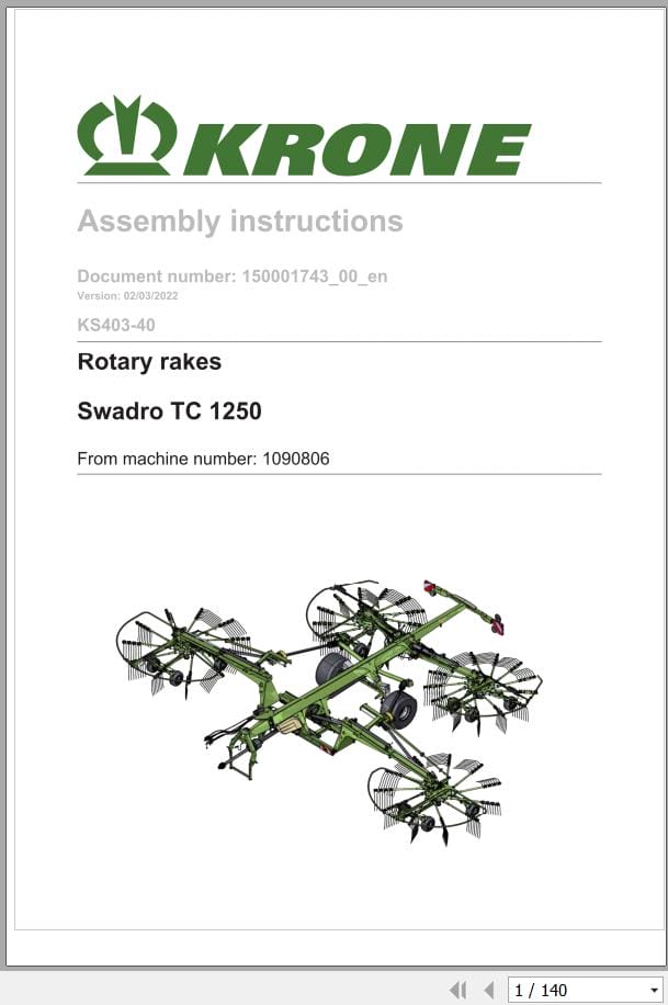 Krone Rotary Rakes Swadro TC 1250 Assembly Instructions 150001743 00 EN (1)