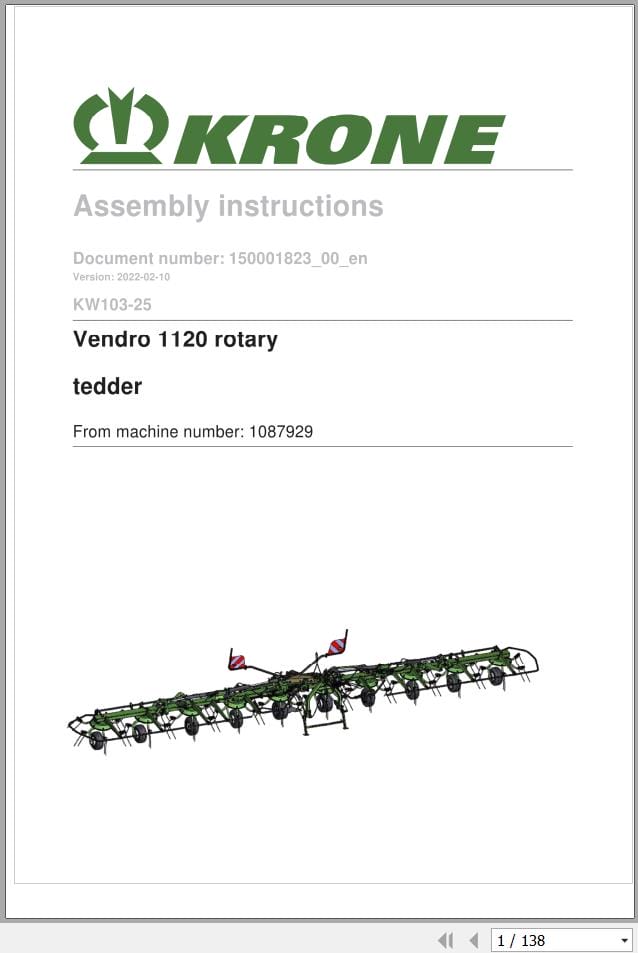 Krone Rotary Tedder Vendro 1120 Assembly Instructions 150001823 00 EN (1)
