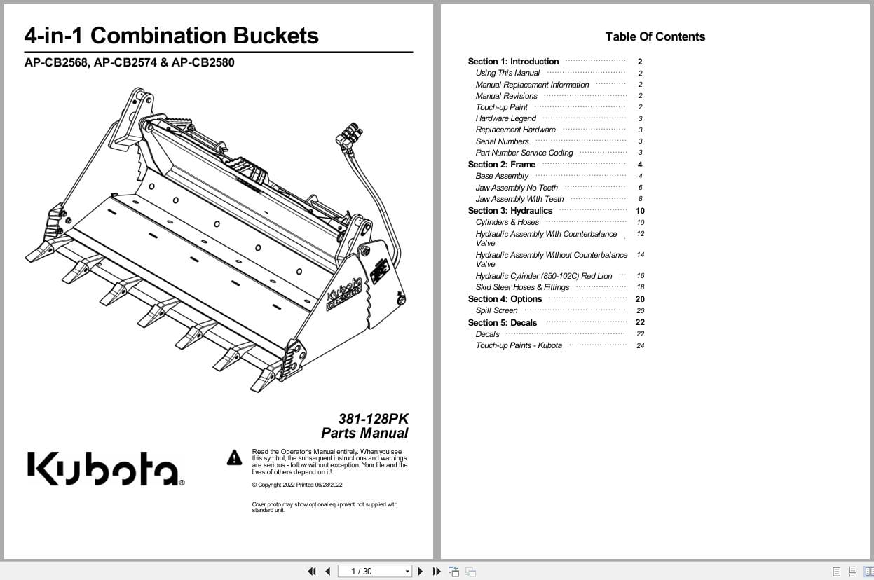 Kubota 4 in 1 Combination Buckets AP CB2568 to AP CB2580 Parts Manual 381 128PK (1)