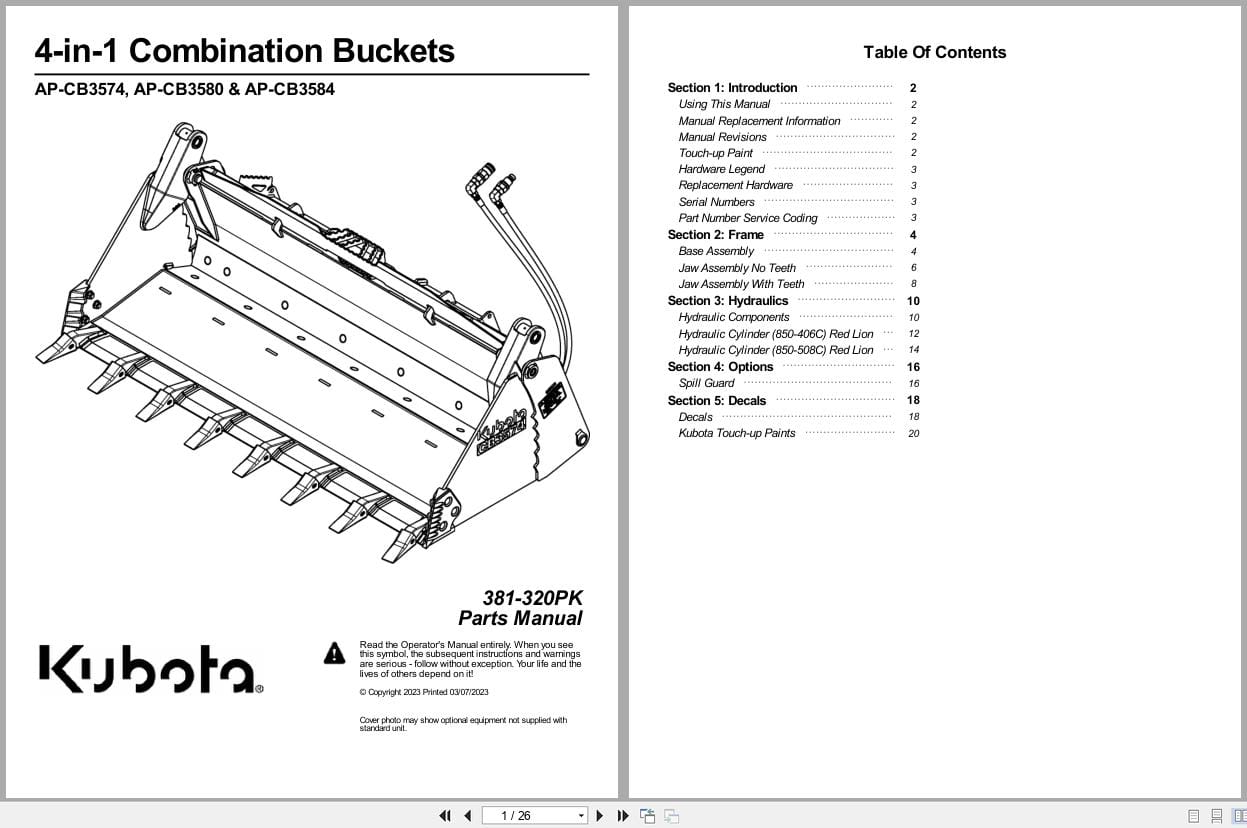 Kubota 4 in 1 Combination Buckets AP CB3574 to AP CB3584 Parts Manual 381 320PK (1)