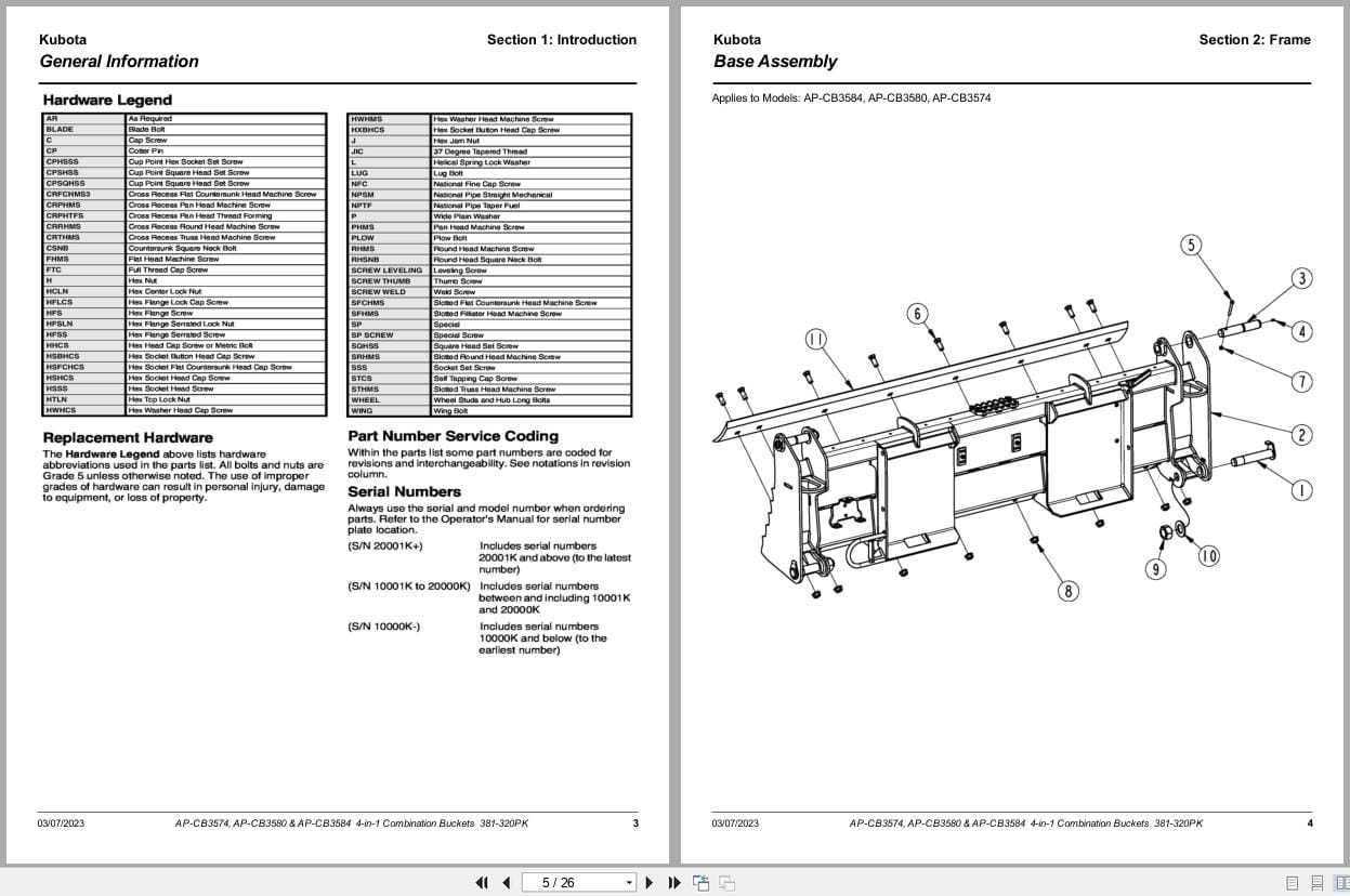 Kubota 4 in 1 Combination Buckets AP CB3574 to AP CB3584 Parts Manual 381 320PK (2)