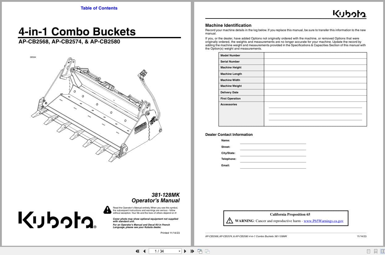 Kubota 4 in 1 Combo Buckets AP CB2568 AP CB2574 AP CB2580 Operating Manual 381 128MK (1)