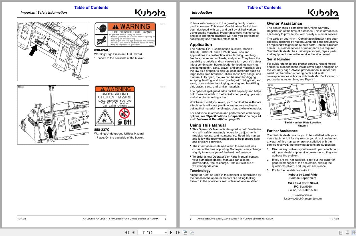 Kubota 4 in 1 Combo Buckets AP CB2568 AP CB2574 AP CB2580 Operating Manual 381 128MK (2)