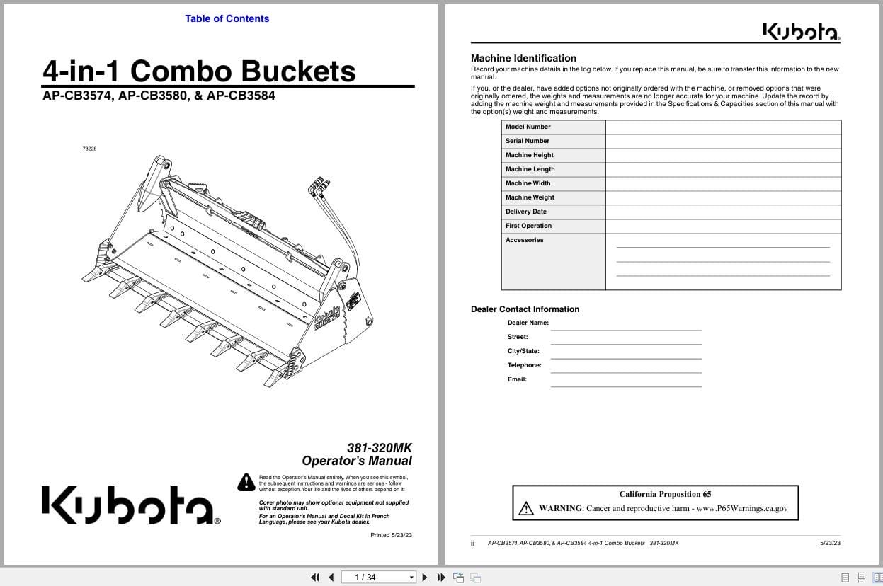 Kubota 4 in 1 Combo Buckets AP CB3574 AP CB3580 AP CB3584 Operating Manual 381 320MK (1)