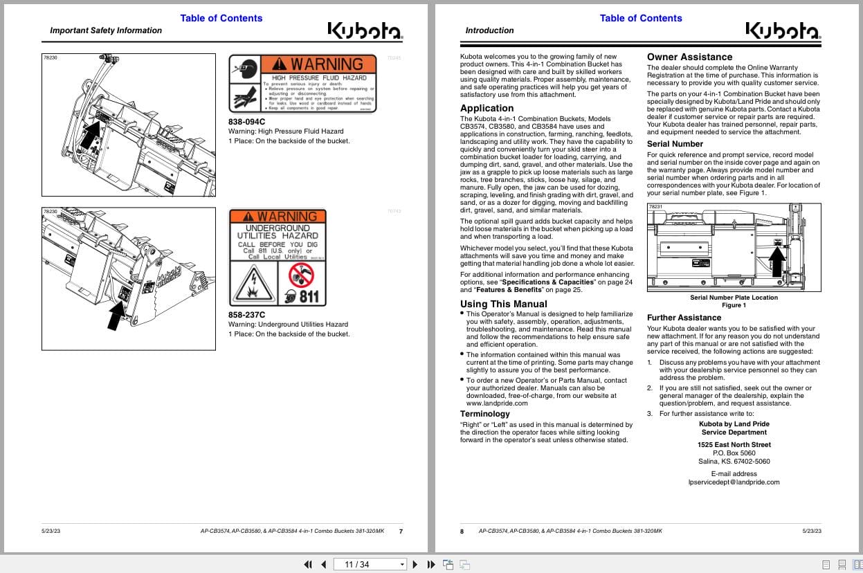 Kubota 4 in 1 Combo Buckets AP CB3574 AP CB3580 AP CB3584 Operating Manual 381 320MK (2)