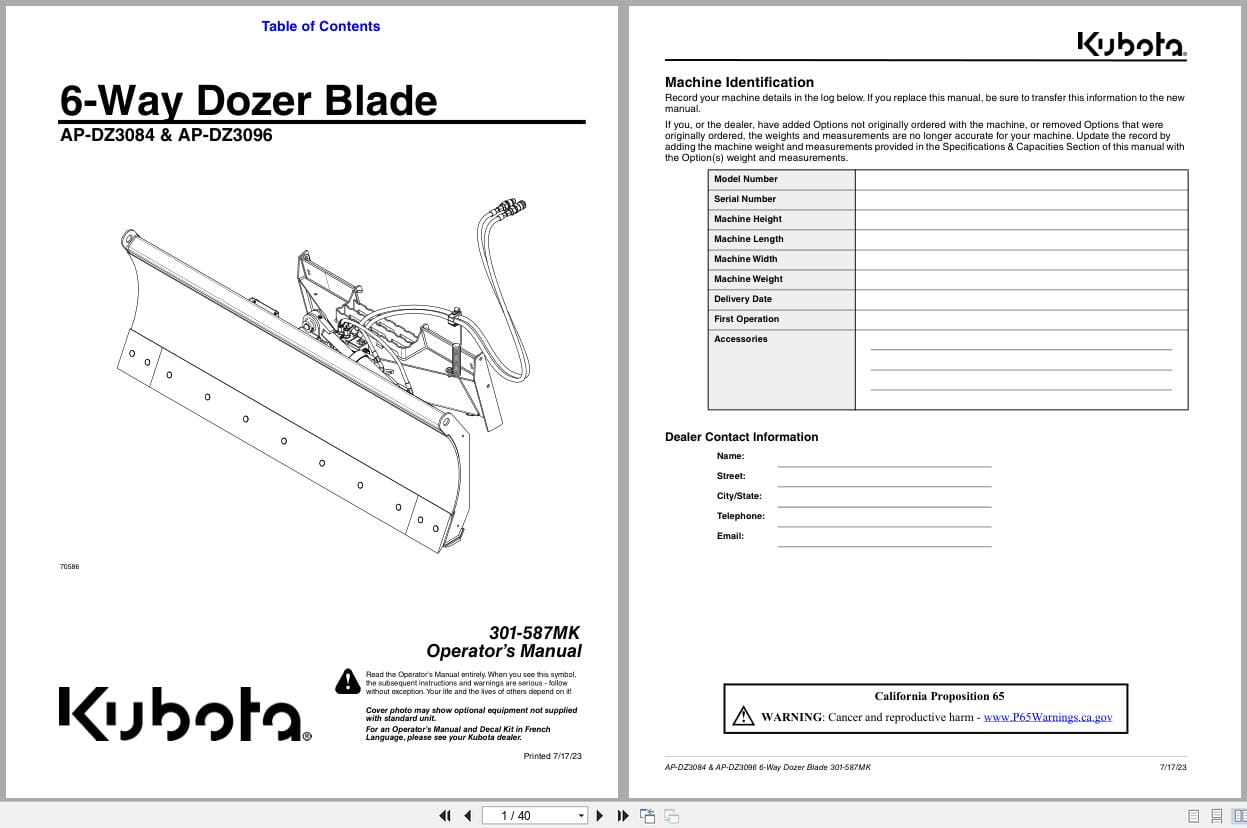 Kubota 6 Way Dozer Blade AP DZ3084 AP DZ3096 Operating Manual 301 587MK (1)