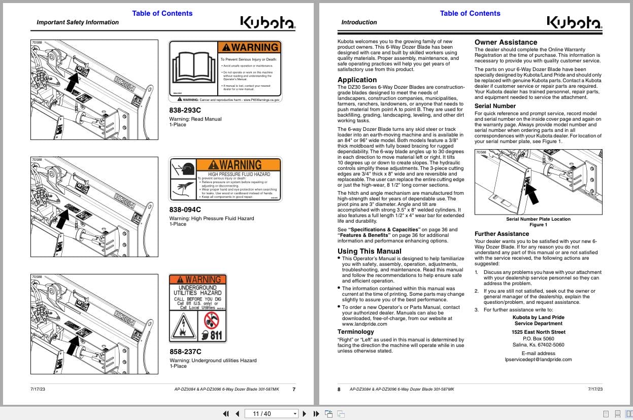 Kubota 6 Way Dozer Blade AP DZ3084 AP DZ3096 Operating Manual 301 587MK (2)