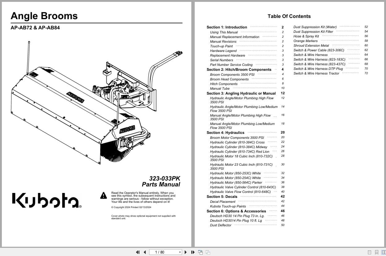 Kubota Angle Brooms AP AB72 AP AB84 Parts Manual 323 033PK (1)