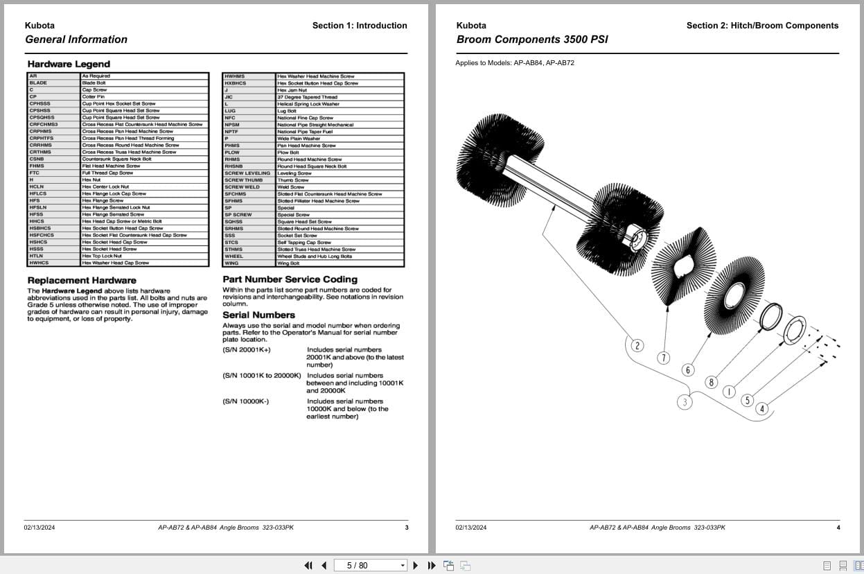 Kubota Angle Brooms AP AB72 AP AB84 Parts Manual 323 033PK (2)