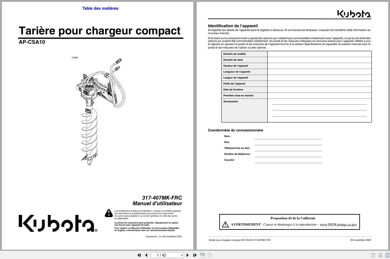 Kubota Auger For Compact Loader AP CSA10 Operator Manual 317 407MK FRC FR (1)