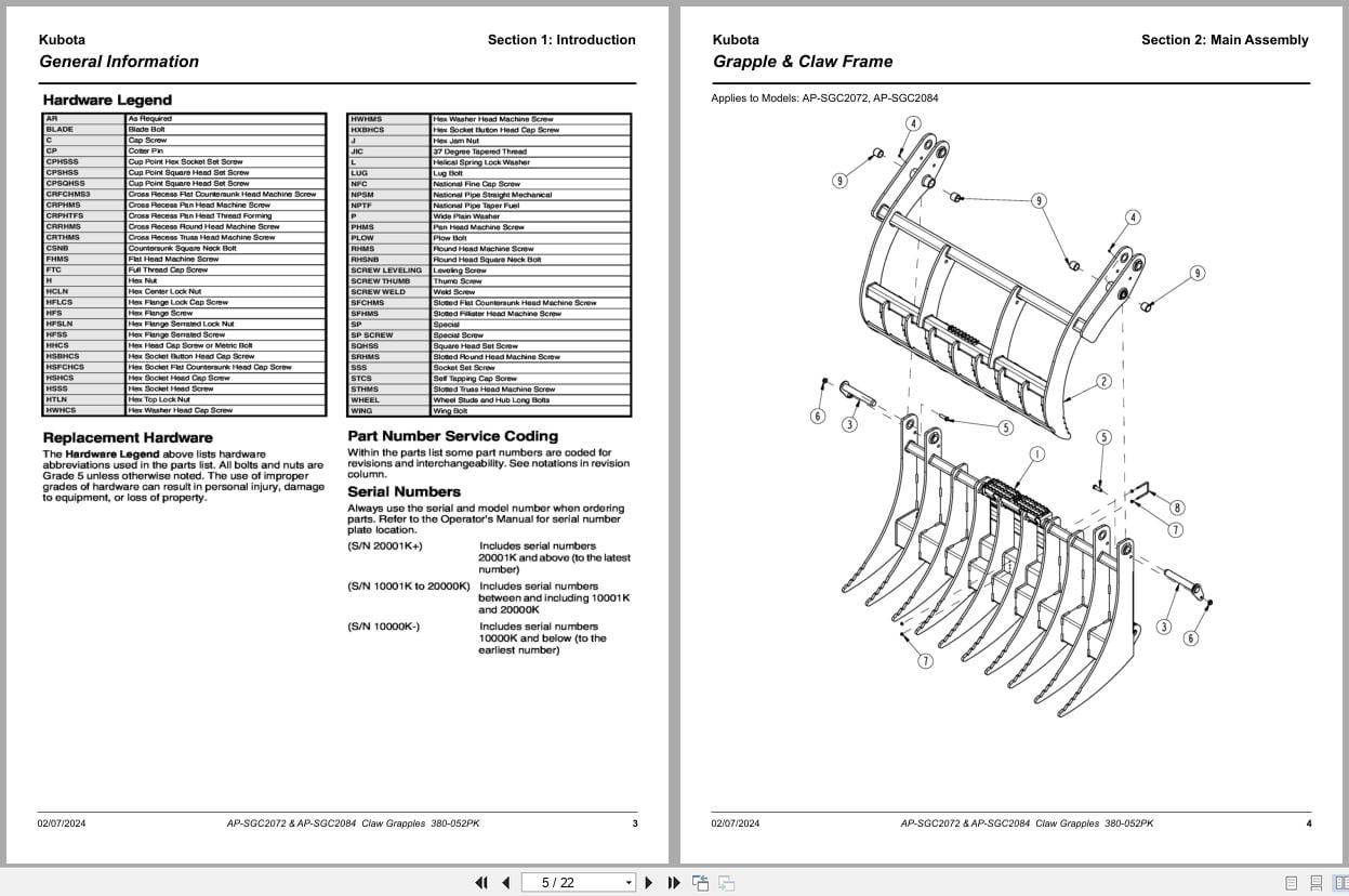 Kubota Claw Grapples AP SGC2072 AP SGC2084 Parts Manual 380 052PK (2)