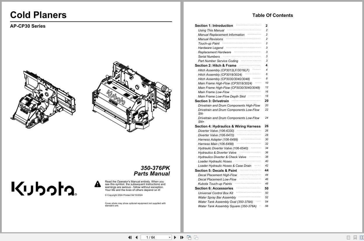 Kubota Cold Planer AP CP30 Series Parts Manual 350 376PK (1)