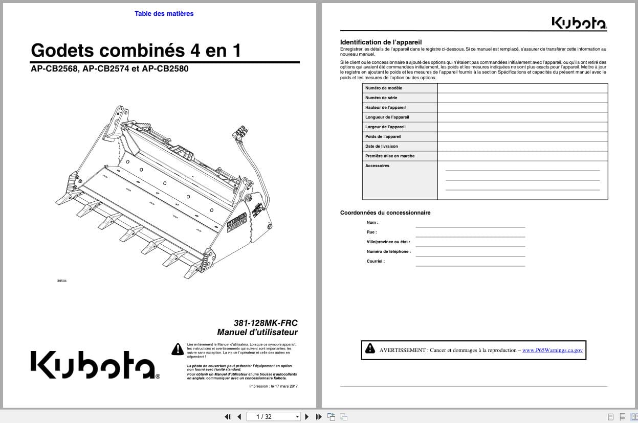 Kubota Combination Buckets AP CB2568 AP CB2574 AP CB2580 Operator Manual 381 128MK FRC FR (1)