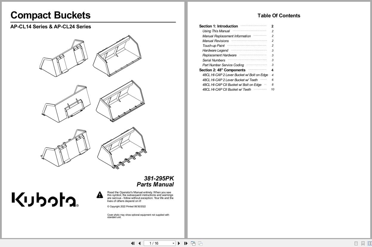 Kubota Compact Buckets AP CL14 AP CL24 Series Parts Manual 381 295PK (1)