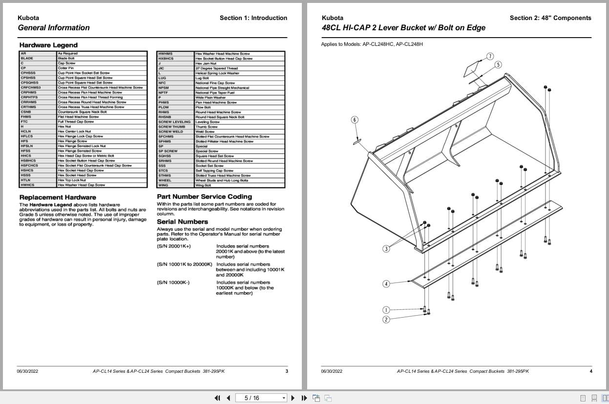 Kubota Compact Buckets AP CL14 AP CL24 Series Parts Manual 381 295PK (2)