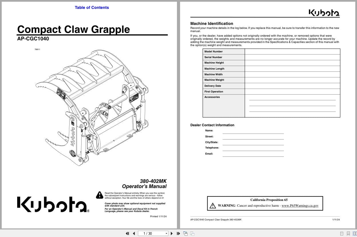 Kubota Compact Claw Grapple AP CGC1040 Operation Manual 380 402MK (1)