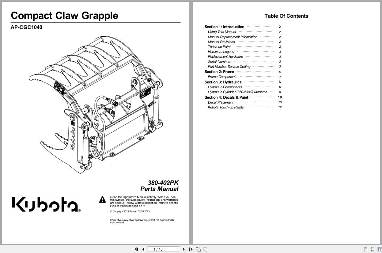 Kubota Compact Claw Grapple AP CGC1040 Parts Manual 380 402PK (1)