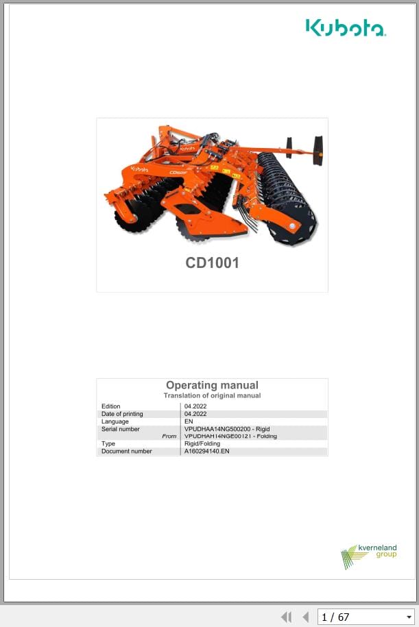 Kubota Compact Disc CD1001 Operating Manual A160294140.EN (1)