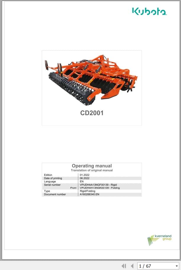 Kubota Compact Disc CD2001 Operating Manual A160288340.EN (1)