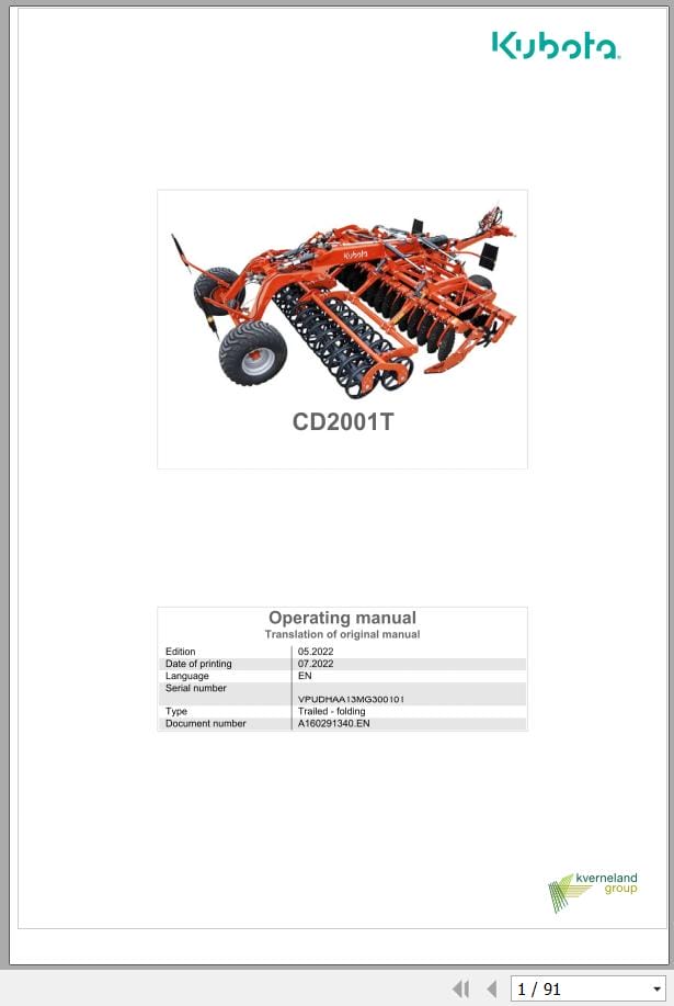 Kubota Compact Disc CD2001T Operating Manual A160291340.EN (1)