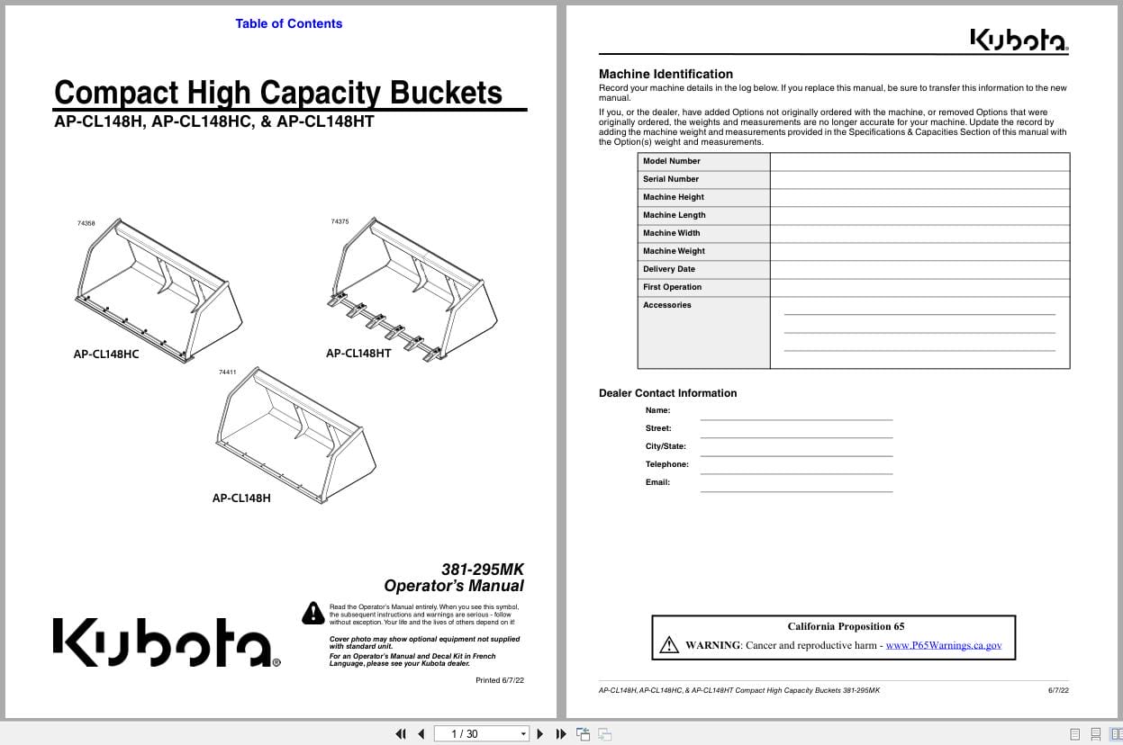 Kubota Compact High Capacity Buckets AP CL148H to AP CL148HT Operating Manual 381 295MK (1)