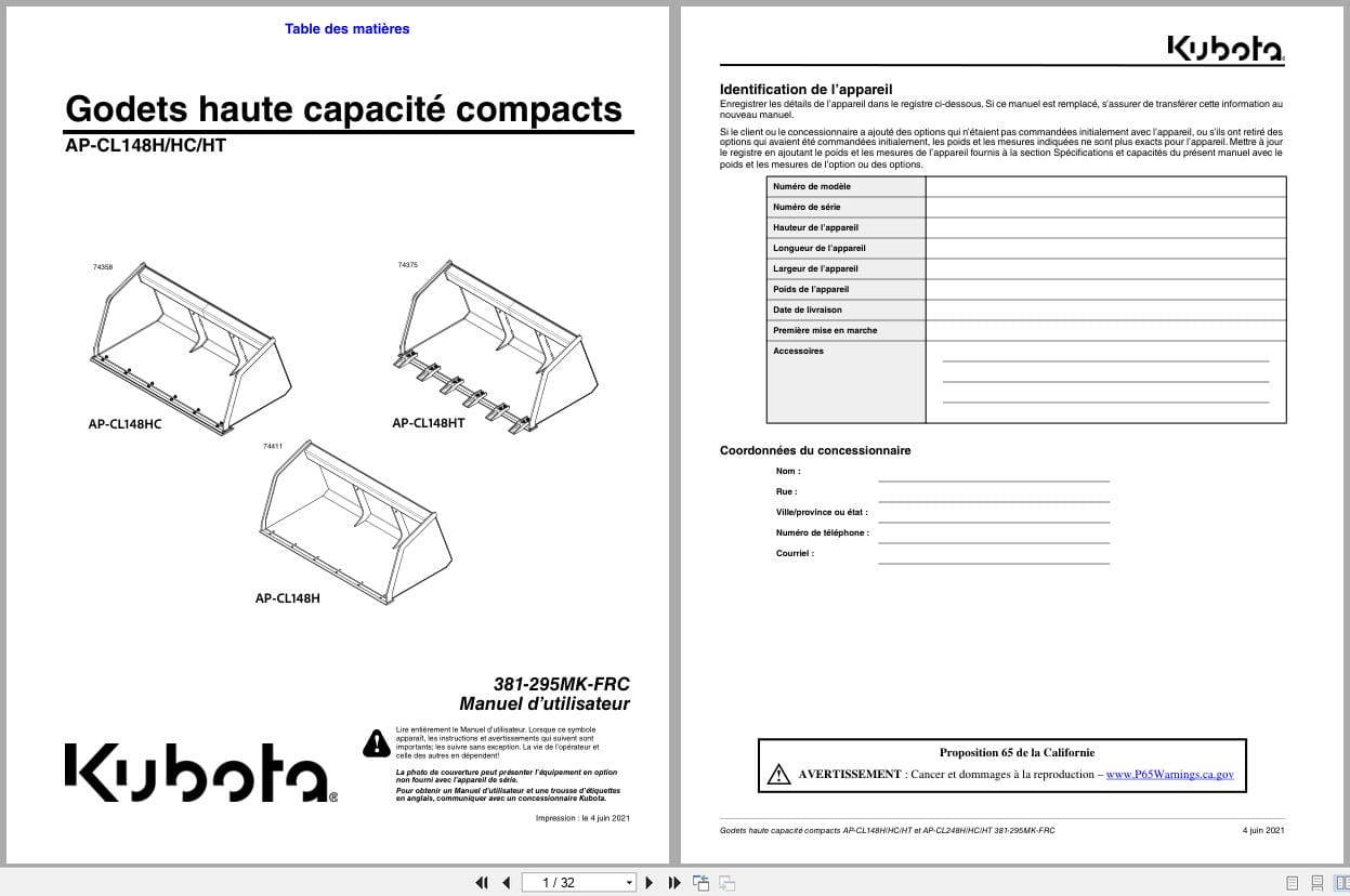 Kubota Compact High Capacity Buckets AP CL148H HC HT Operator Manual 381 295MK FRC FR (1)
