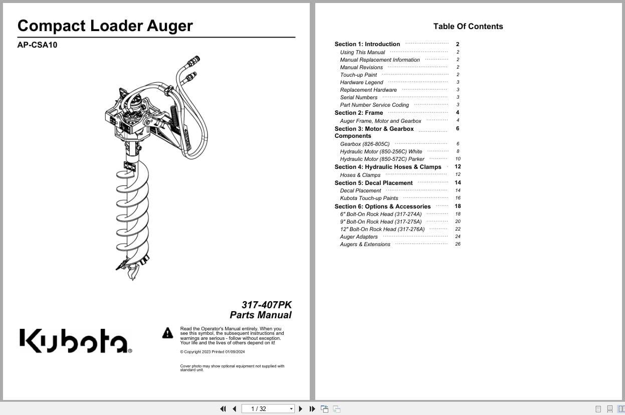 Kubota Compact Loader Auger AP CSA10 Parts Manual 317 407PK (1)